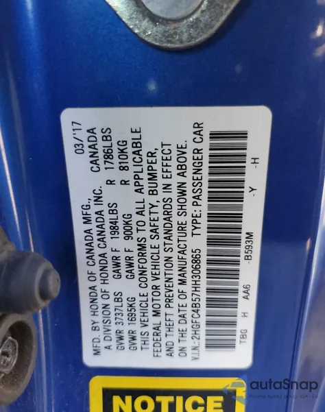 2017 Honda Civic Lx z USA, uszkodzony, nr VIN 2HGFC4B57HH306865